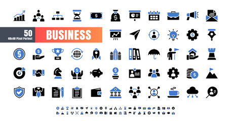 Vector of 50 Business and Financial Bicolor Blue and Black solid glyph Icon Set. 48x48 Pixel Perfect.