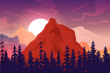 Sunset in the mountains, beautiful landscape, big sun, forest silhouette. Can be used as background and wallpaper.