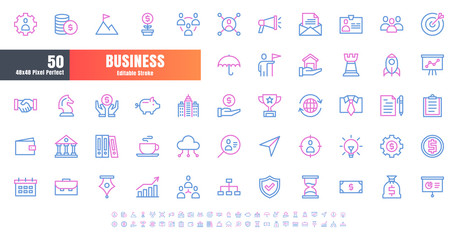 Vector of 50 Business and Financial Bicolor Line Outline Icon Set. 48x48 Pixel Perfect Editable Stroke.