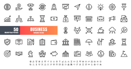 Vector of 50 Business and Financial Line Outline Icon Set. 48x48 Pixel Perfect Editable Stroke.