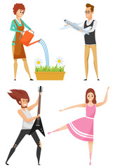 Gardener watering flowers, man holding plane, guitarist playing, ballerina dancing. People hobby, portrait view of female and male characters vector