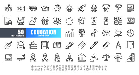 Vector of 50 Education and School Subject Line Outline Icon Set. 64x64 and 256x256 Pixel Perfect Editable Stroke. - obrazy, fototapety, plakaty