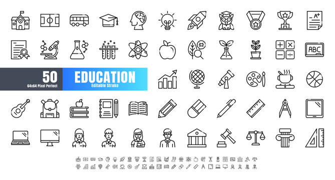 Vector Of 50 Education And School Subject Line Outline Icon Set. 64x64 And 256x256 Pixel Perfect Editable Stroke.