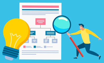 Education business, man character holding loupe, light bulb icon. Worker researching, education technology, scheme report, development symbol vector