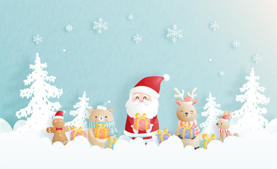 Christmas card, celebrations with Santa and friends, Christmas scene in paper cut style vector illustration. 