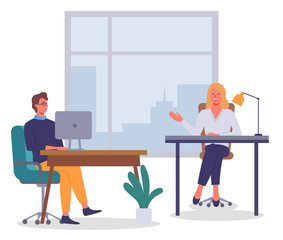 Office staff, work and communication. Head and subordinates. Various workers, managers team. Top managers employees of different levels. Office workers. Co-workers. Colleagues discuss project teamwork