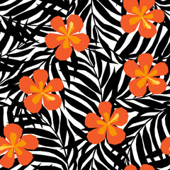 Vector seamless pattern in applique style with tropical palm leaves and flowers