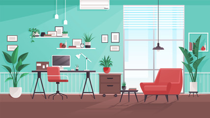 Workplace modern design. Office studio, cabinet or home workspace interior with aquamarine wall. Office at home with big window, desktop, PC computer, documets, plants, furnitures. Flat style