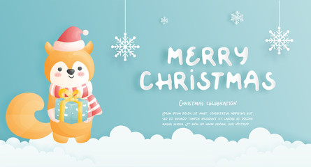 Christmas card, celebrations with cute fox Christmas scene, vector illustration. 
