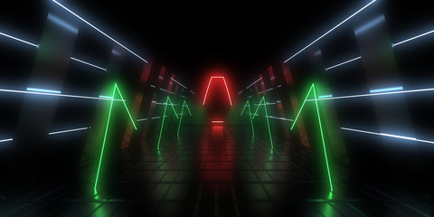 3D abstract background with neon lights.neon tunnel 3d illustration