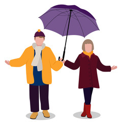 Vector illustration of a cute girl and boy in autumn clothes under an umbrella isolated on a white background. Kids characters in trendy flat cartoon style