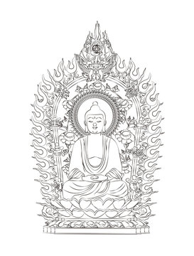 Line drawing buddha statue on white background