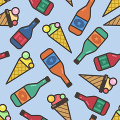 Seamless pattern with wine bottles and ice cream cones. Design for gift paper, pattern fills, web page background, greeting cards. Vector EPS 10