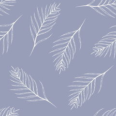 Vector Delicate Palm Tree Leaves on Pastel Blue seamless pattern background.