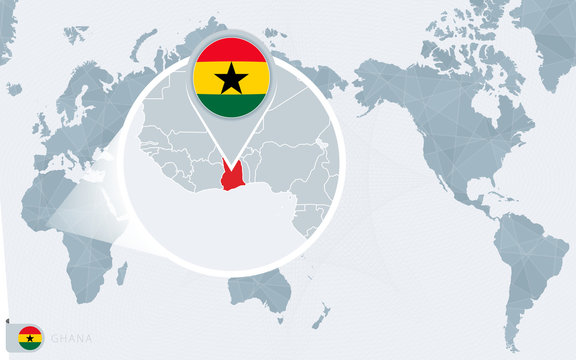 Pacific Centered World map with magnified Ghana. Flag and map of Ghana.