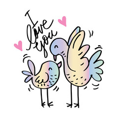 Hand drawn Mother bird and baby bird cartoon.