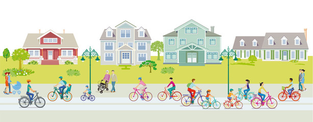 Radfahrer auf dem Radweg im Vorort mit Fußgänger