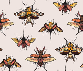 Bugs, moth, butterfly insect animal seamless pattern. Fly  wildlife background. Biology  species, fabric cloth design, old school tattoo print. Sketch drawing vector