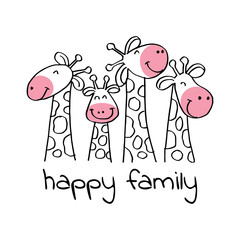 Happy family. Giraffe mother, father and kids. Cartoon cute giraffe family