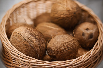 In a wicker basket are exotic coconut fruits in a strong shell and tender inside, brought from the tropics. Rich harvest.