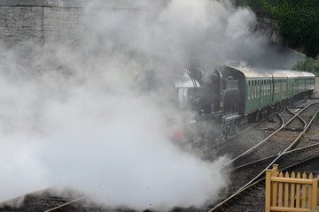 A U class locomotive pulling  a steam train under a road bridge.