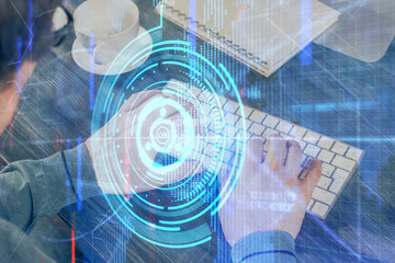 Double exposure of tech drawings with hands working on computer background. Concept of innovation.