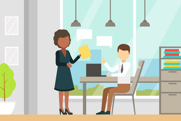 People Communicating and Working Together in Office, Young Man Sitting at Desk with Computer and his Female Colleague Talking to Him Vector Illustration.