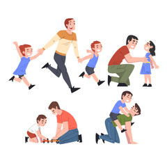 Fathers and their Kids Having Good Time Together Set, Dads and Sons Playing and Having Fun Cartoon Style Vector Illustration
