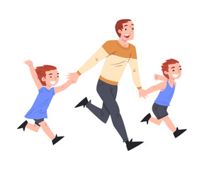 Fototapeta na wymiar Dad and his Sons Running Holding Hands, Father and his Kid Having Good Time Together Cartoon Style Vector Illustration