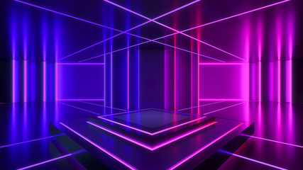 Fototapeta na wymiar Rectangle stage with neon light, abstract futuristic background, ultraviolet concept, 3d render
