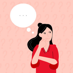Thinking woman on question marks background cartoon flat vector illustration modern style 