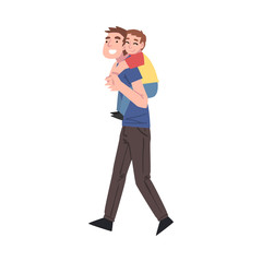 Dad Giving his Little Son Piggyback Ride, Father and his Kid Having Good Time Together Cartoon Style Vector Illustration