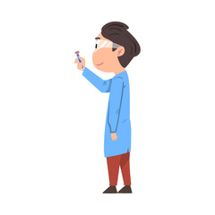 Male Chemist Scientist Holding Test Flask, Student Character in Lab Coat Working at Medical or Researching Laboratory Cartoon Style Vector Illustration