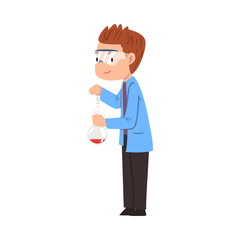 Male Chemist Scientist, Student Character in Lab Coat and Glasses Doing Researching Experiment in Laboratory Cartoon Style Vector Illustration