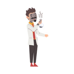 Male Chemist after Failed Chemical Experiment, Man Scientist Character in Lab Coat Doing Researching Experiment in Laboratory Cartoon Style Vector Illustration