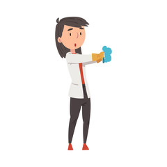 Girl Chemist Scientist with Test Flask, Doctor or Student Character in White Coat Working at Medical or Researching Laboratory Cartoon Style Vector Illustration