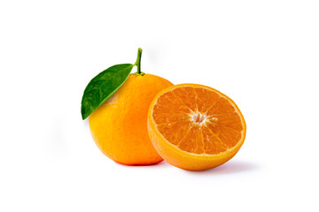 Oranges fruits with high vitamin C and green leaves, isolated on a white background.