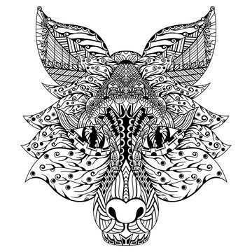 Hand drawn of fox head in zentangle style