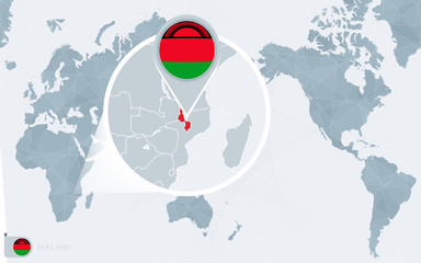 Pacific Centered World map with magnified Malawi. Flag and map of Malawi. © boldg