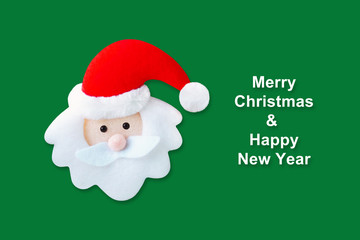 Santa Claus on a green background. Merry christmas and happy new year card. Gifts and congratulations holidays concept, xmas