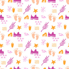 childhood theme seamless pattern with cute baby foot prints and abstract elements, palm leaves and geometric figures on white background, endless texture for nursery textiles or scrapbook