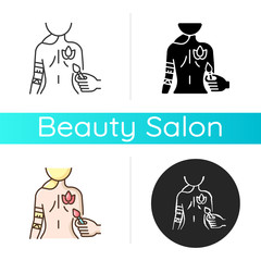Body art icon. Body painting. Skin art. Professional beauty procedures. Applying henna on body. Beauty shop services. Linear black and RGB color styles. Isolated vector illustrations