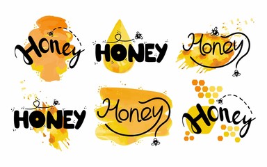 Honey lettering set. Hand drawn label for food packaging, local sweet dessert product simple stamp collection. Text with yellow and orange honey background with bee, golden symbol vector illustration