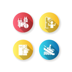 Aqua park service flat design long shadow glyph icons set. Swim circle sliding, using shower, changing cabins and swimsuits requirement. Waterpark rest. Silhouette RGB color illustrations