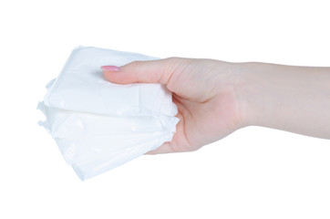 Sanitary napkins menstruation pads in hand on white background isolation
