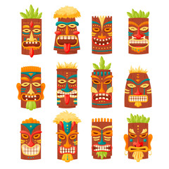 Tiki mask tribal set. Hawaiian totem or african maya aztec wooden idol isolated on white background. Ethnic ritual heads, polynesian statue collection, cartoon style vector
