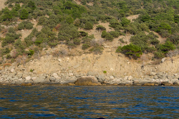 view from the sea on a rocky coastline