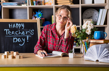 Formal education. Teacher pretty woman enjoy educational process in classroom. Teachers day.  (Soft...