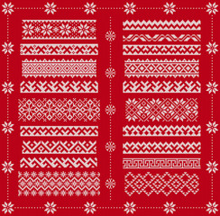 Knit seamless borders. Vector. Christmas frames on red patterns. Knitted print. Fairisle ornaments. Scandinavian texture. Xmas, winter illustration