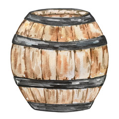 watercolor illustration wooden brown barrel